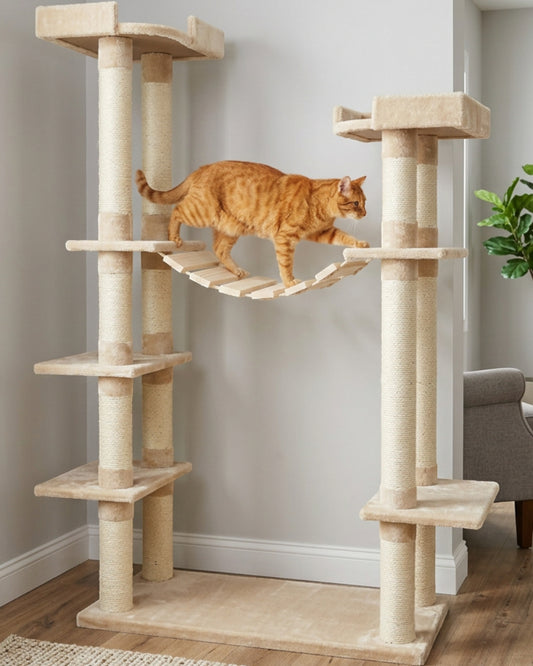 Pvxg Rungway Twin Cat Tree Sand 160 cm with Rope Bridge