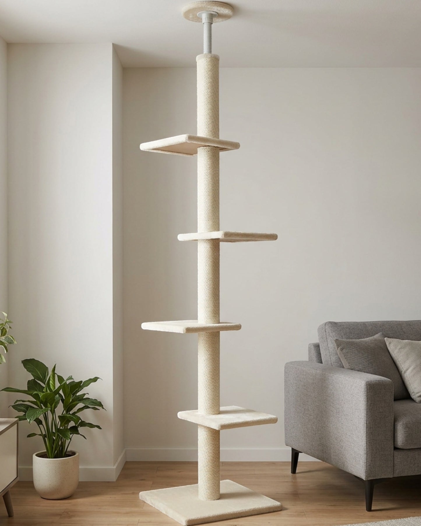 Pvxg Adjustable Tension Cat Tower 94-102 in Cream - Lifestyle view