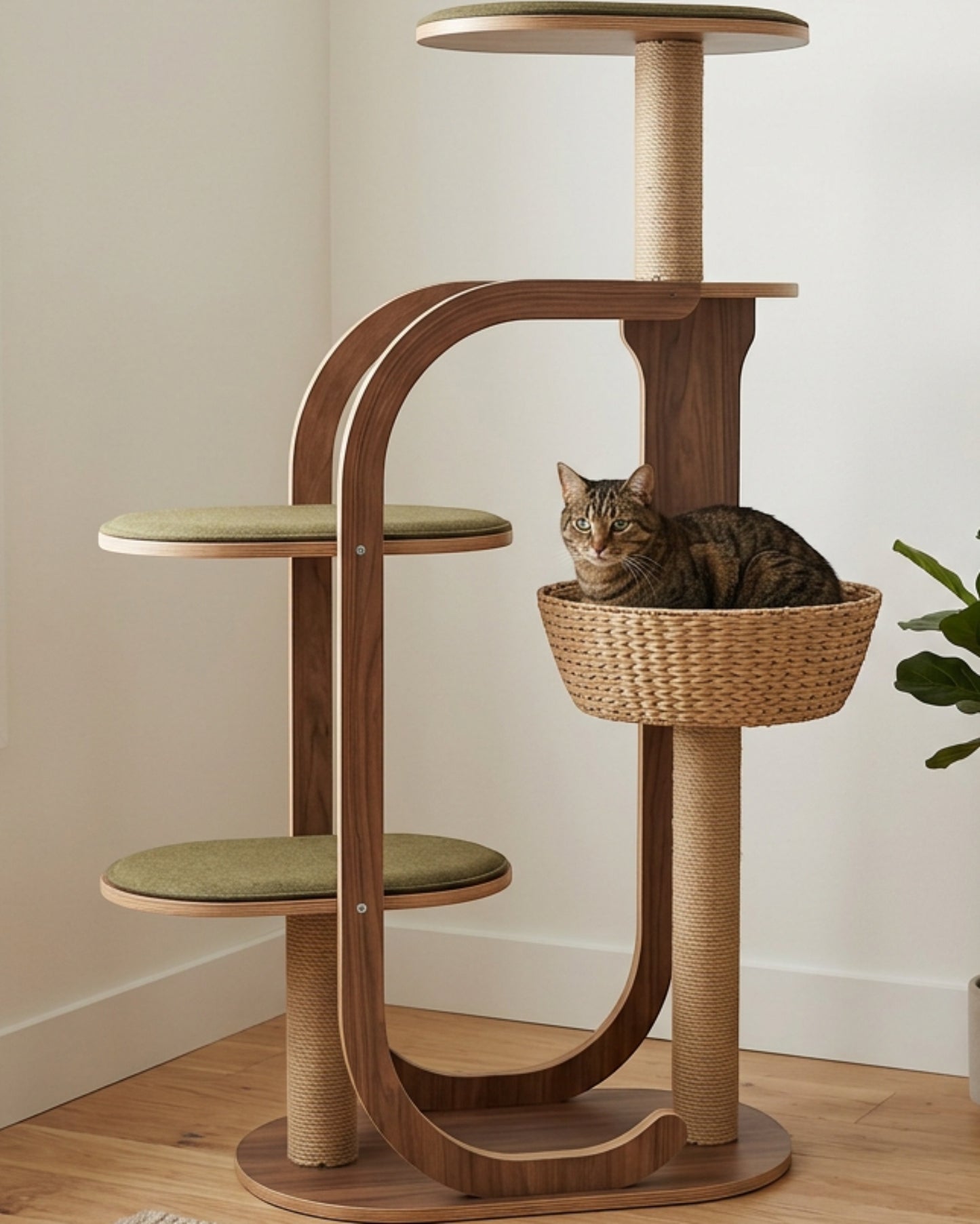Pvxg Archline Cat Tree Walnut 145 cm with Woven Basket