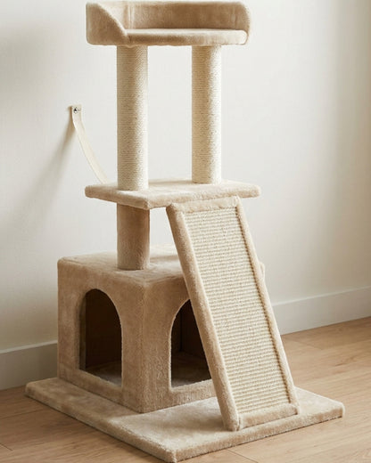 Pvxg Compact Cat Tree Condo Ramp 35 in Beige - Lifestyle view