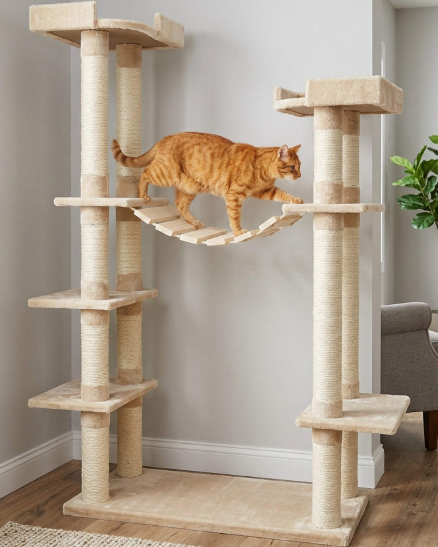 Pvxg Rungway Twin Cat Tree Sand 160 cm with Rope Bridge